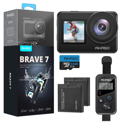 AKASO Brave 7 Action Camera 4K30FPS 20MP with 64GB U3 MicroSDXC Memory Card, Waterproof Camera with Touch Screen IPX8 33FT EIS 2.0 Zoom Support External Mic Voice Control with 2X 1350mAh Batteries
