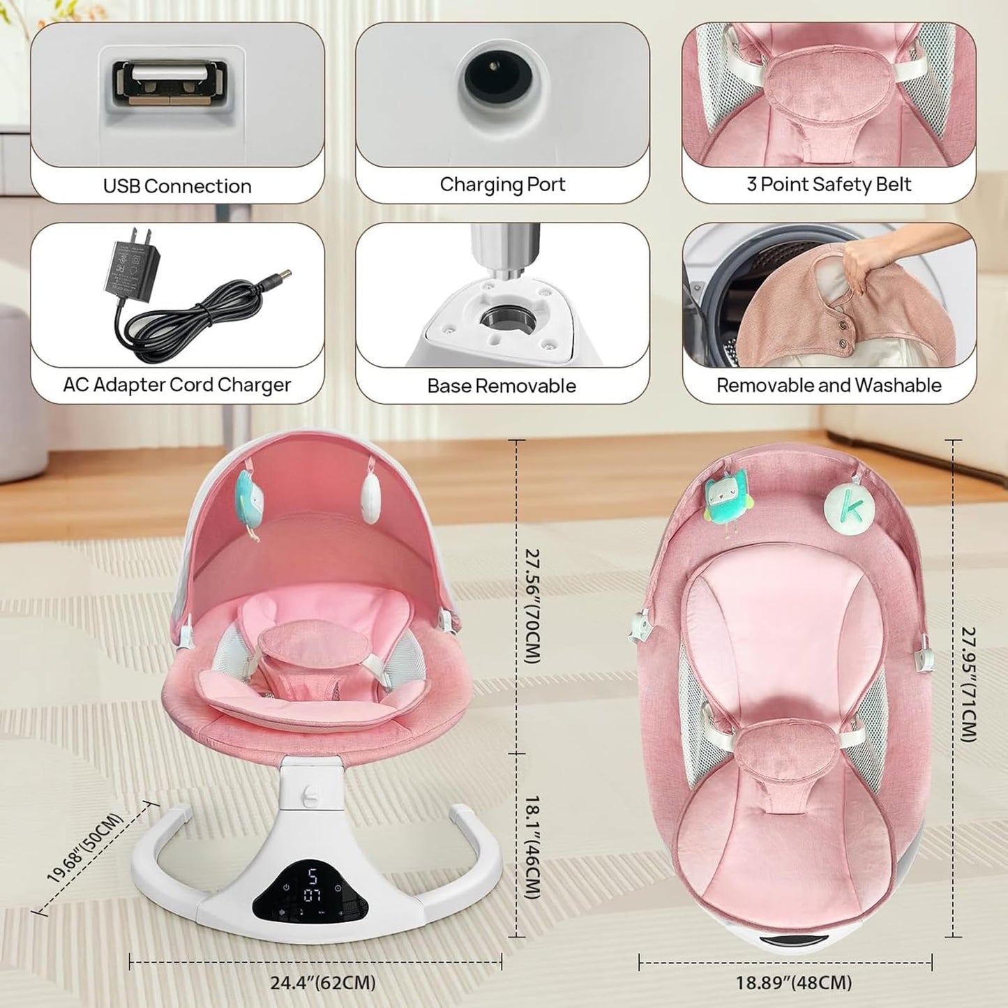 Electric Baby Swing for Infants to Toddler| Portable Infant Swing with Remote Control, Swing with 5 Speeds, 3-Point Harness for Baby Boy Girl (Pink)