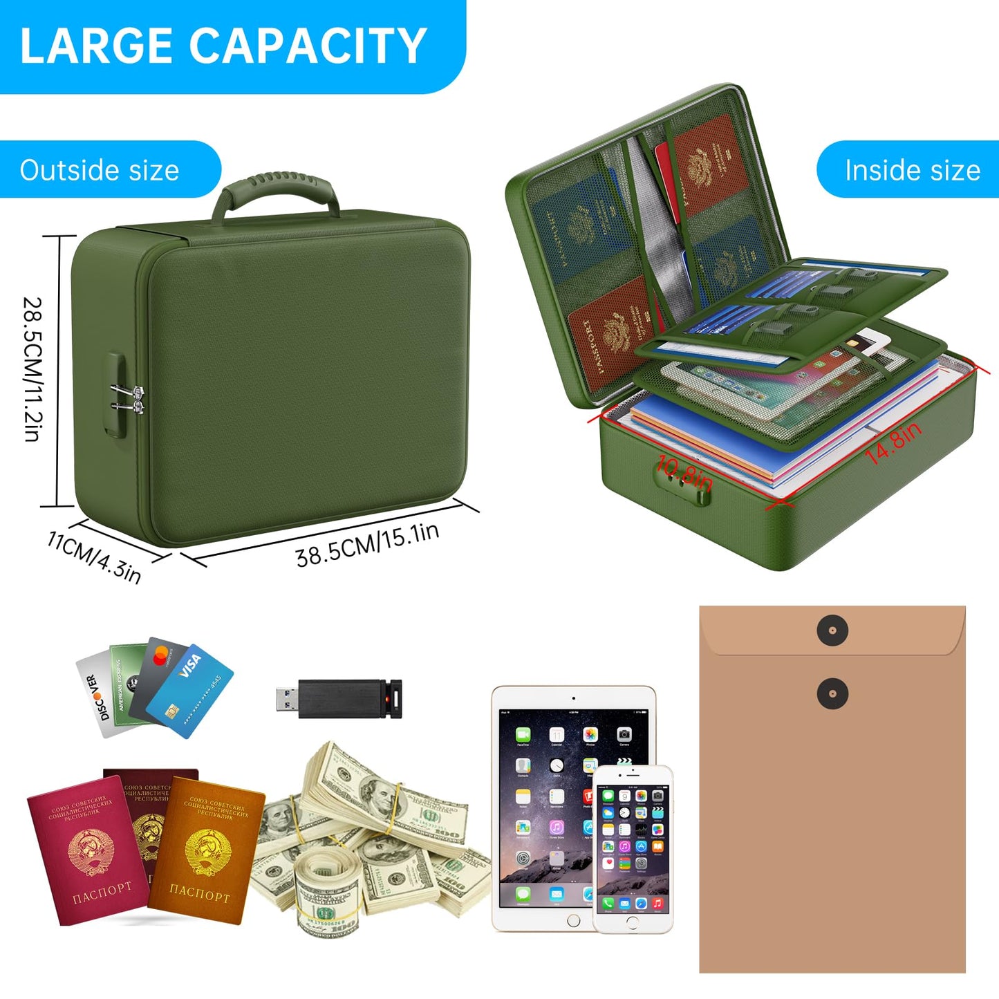 ENGPOW 5200°F Fireproof Document Bag with Lock, Upgraded Heat Insulated Fireproof＆Waterproof Box 8 Layers Document Organizer, Portable Home Travel Safe Storage Box for Important Files, Laptop,Green