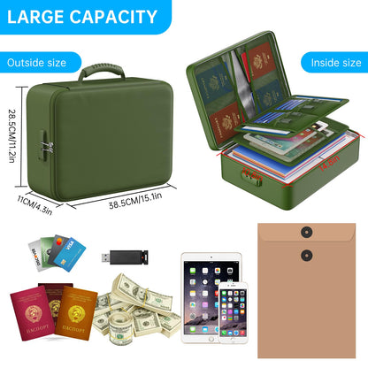 ENGPOW 5200°F Fireproof Document Bag with Lock, Upgraded Heat Insulated Fireproof＆Waterproof Box 8 Layers Document Organizer, Portable Home Travel Safe Storage Box for Important Files, Laptop,Green