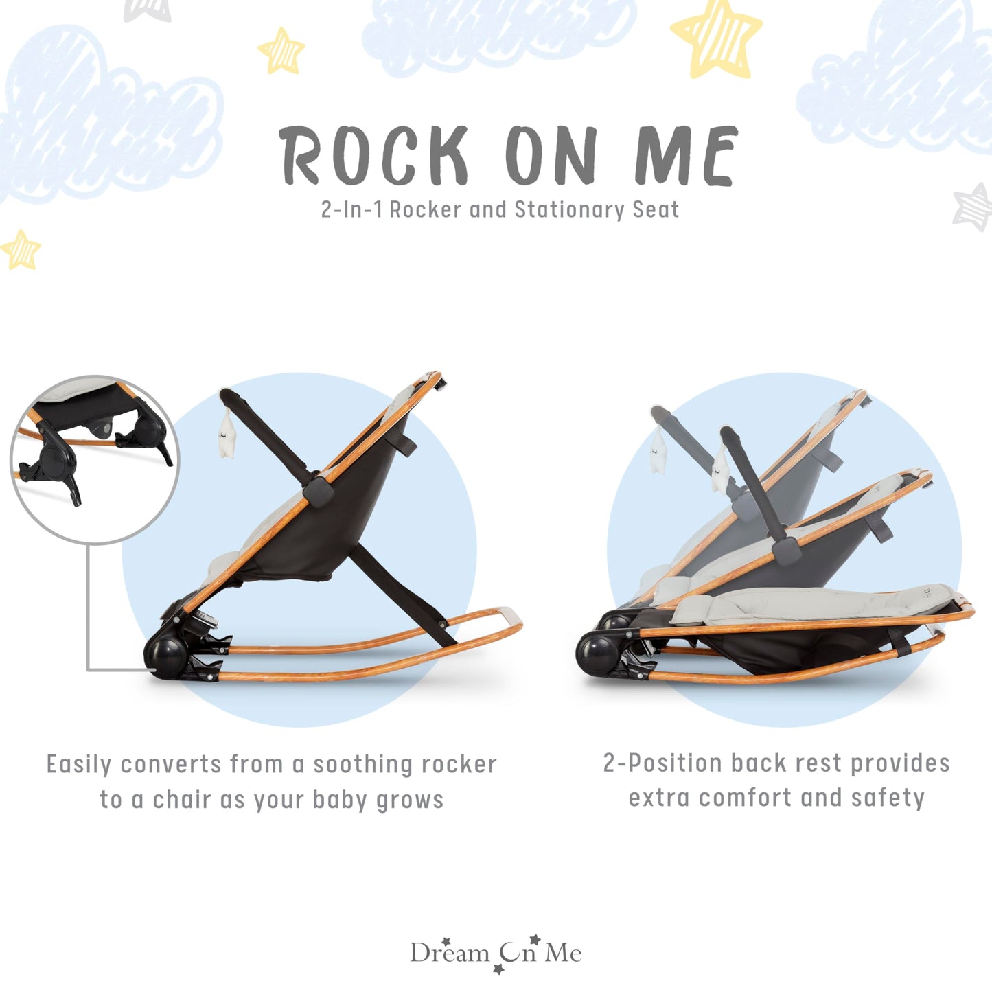 Dream on Me Rock with me 2-in-1 Rocker and Stationary Seat | Compact Portable Infant Rocker with Removable Toys Bar & Hanging Toys in Black & Grey