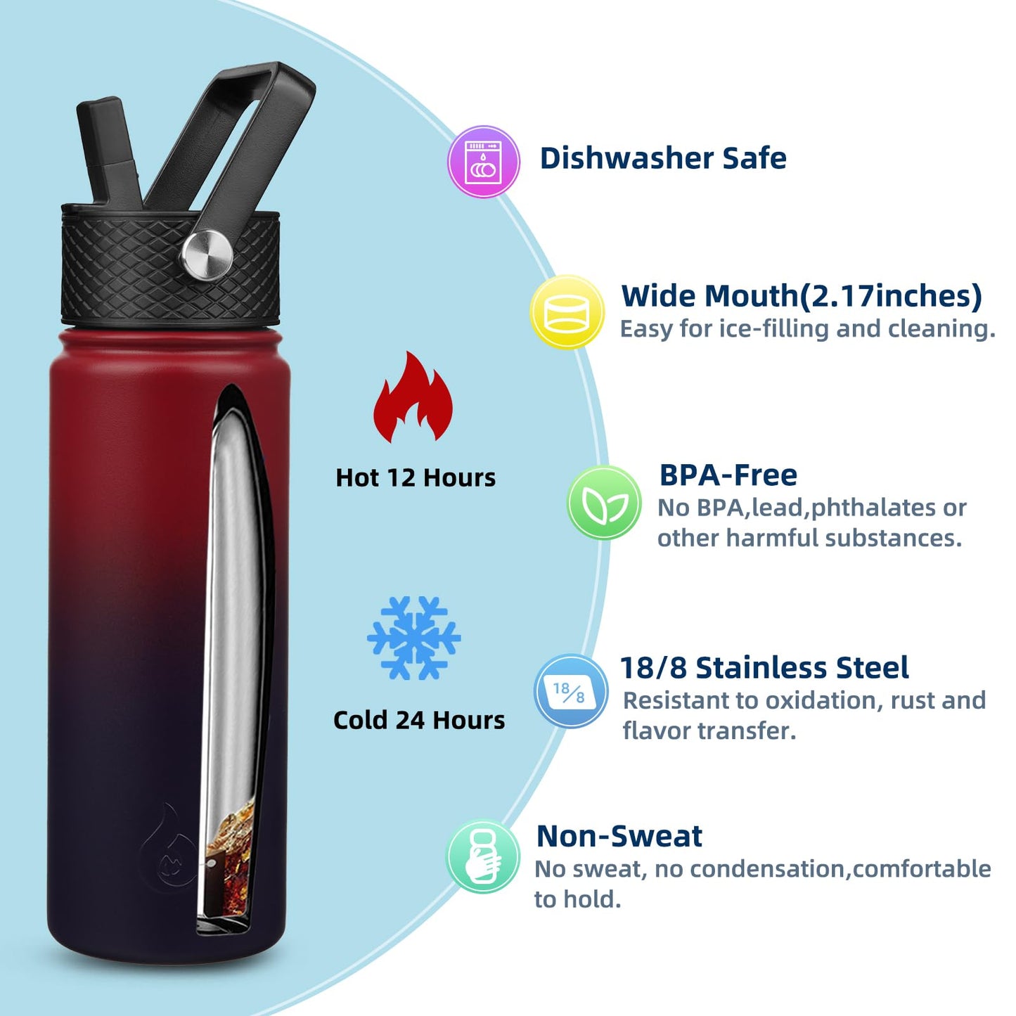 BJPKPK Insulated Water Bottles with Straw Lid, 22oz Cold & Hot Thermos, Stainless Steel Metal Water Bottle with 3 Lids, Reusable Thermos, Cups, Mugs-Charming Red