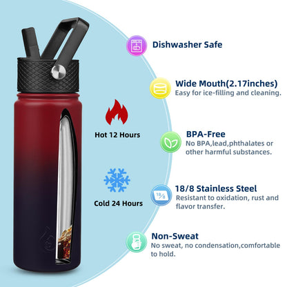 BJPKPK Insulated Water Bottles with Straw Lid, 22oz Cold & Hot Thermos, Stainless Steel Metal Water Bottle with 3 Lids, Reusable Thermos, Cups, Mugs-Charming Red