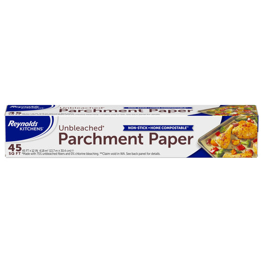Reynolds Kitchens Unbleached Parchment Paper Roll, Non Stick Parchment Paper for Cooking and Baking, Oven Safe up to 425 Degrees, Chlorine-Free, 45 Feet x 12 Inches, 45 Total Sq. Ft.