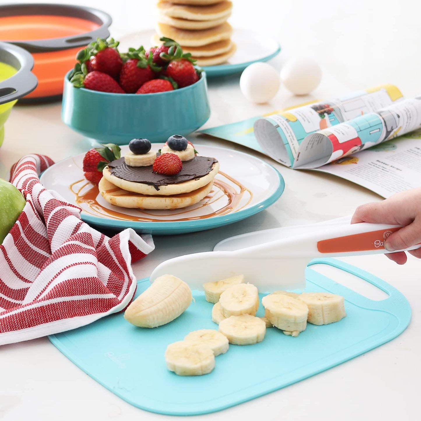 Baketivity Kids Cooking Set Real Utensils With Kitchen Tool Guide - Complete Junior Cooking Set Gift For Girls Or Boys With Mixing Bowls, Cutting Board, Knife, Apron - Kids Baking Set For Real Cooking