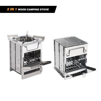 REDCAMP Wood Burning Folding Camp Stove Stainless Steel Grill and Pot Stand, Portable Collapsible Backpacking Stove Survival Rocket Stove for Hiking Outdoor Tent Camping Picnic, Largel with Pot Stand