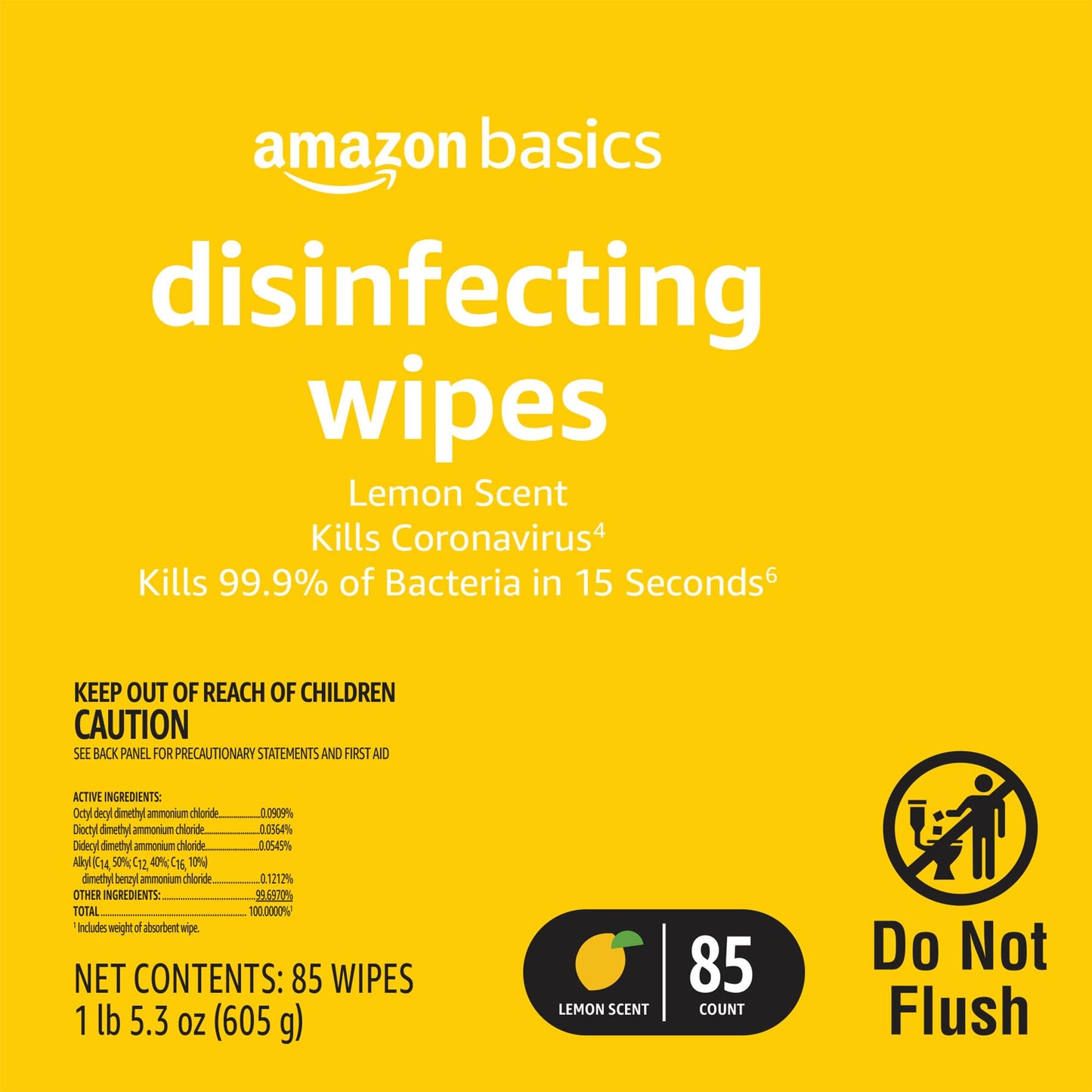 Amazon Basics Wipes, Lemon & Fresh Scent, Sanitizes, Cleans & Deodorizes, 255 Count (3 Packs of 85)