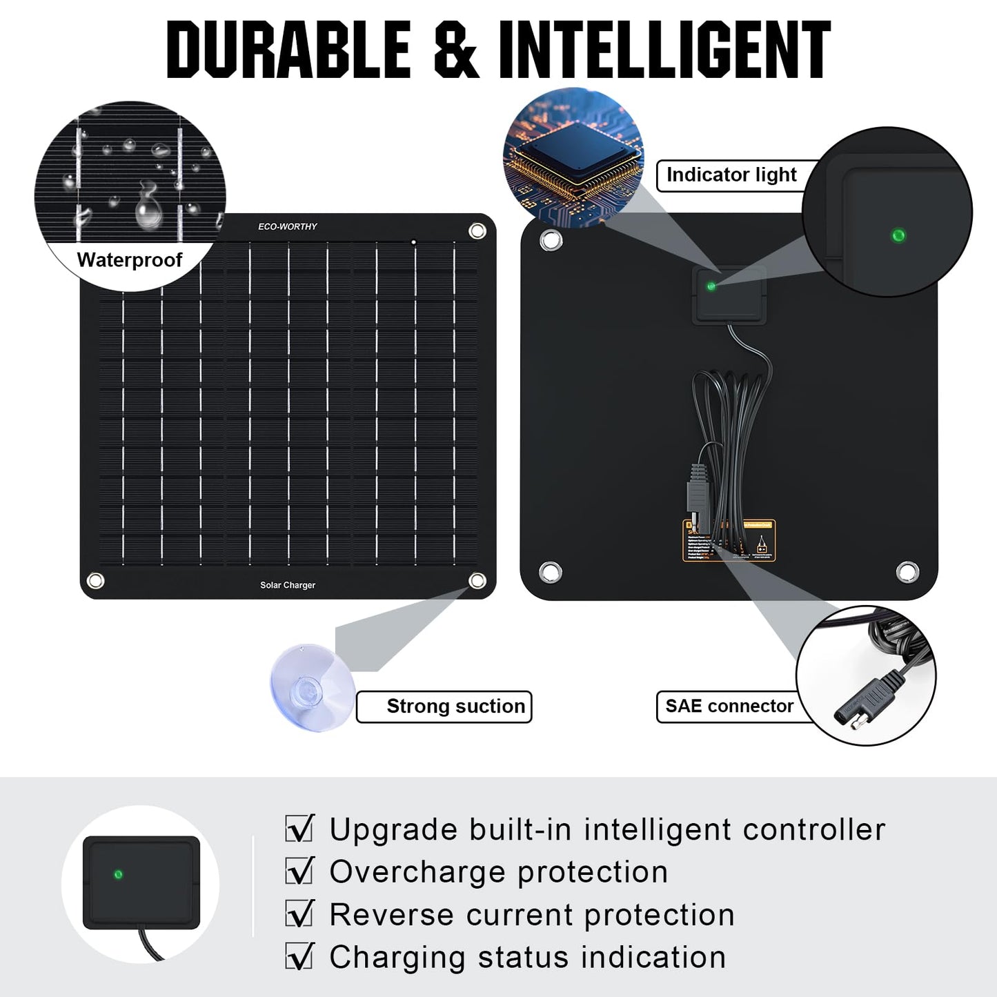 ECO-WORTHY 10W Solar Car Battery Charger Maintainer 12V Waterproof Portable Solar Trickle Charger for Car Truck Boat Lawn Mower RV Trailer Tractor ATV Utility Vehicle Battery
