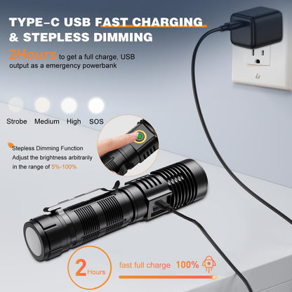 Rechargeable Tactical Flashlights High Lumens - 1500 Meters Long Beam Super Bright LED Magnetic Flashlight USB Zoomable 5Modes Small Long Beam Spotlight Flashlight for Hiking, Camping