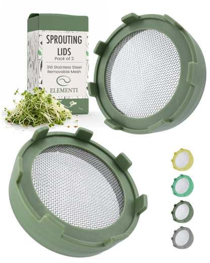 Elementi Sprouts Growing Kit for Wide Mouth Mason Jars, Set of 2 Sprouting Lids for Organic Alfalfa & Mung Bean Sprouts Grow Kit, 316 Stainless Steel Mesh Screen Strainer Lid (Sage Green)