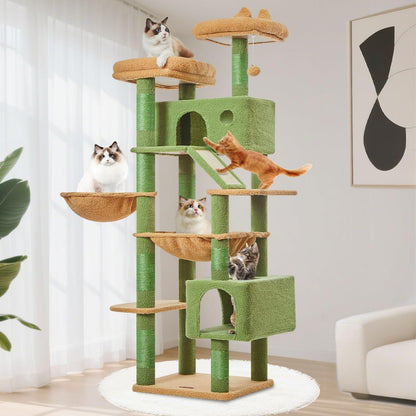 Taoqimiao Cactus Cat Tree, 71-Inch Cat Tower for Indoor Cats Large Adult, Multi-Level Large Cat Condo, 8 Sisal Scratching Posts, Metal Frame Cozy Hammock, Scratch Board, 2 Top Perches, MSC026L