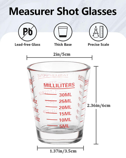 SAIAOKJ Shot Glasses Measuring Cup Set 2PACK Espresso Shot Glasses Liquid Heavy Glass 26-Incremental Measurement 1 OZ, 2 TBS, 6 TSP, 30 ML Kitchen Tools (Red)
