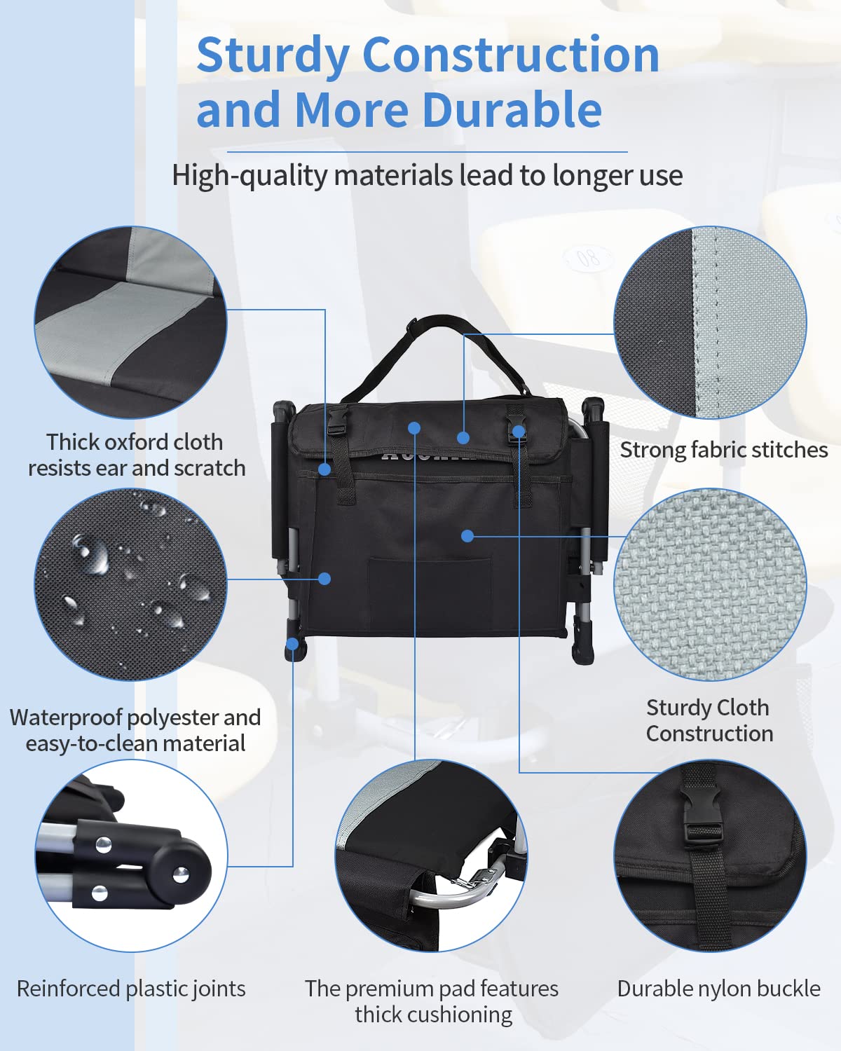 AOOXIMI Stadium Seat with Back Support, Portable Fording Bleacher Chair with Cushion and Armrest, Cup Holder, Mesh Bag and Hidden Hook, Football, Soccer