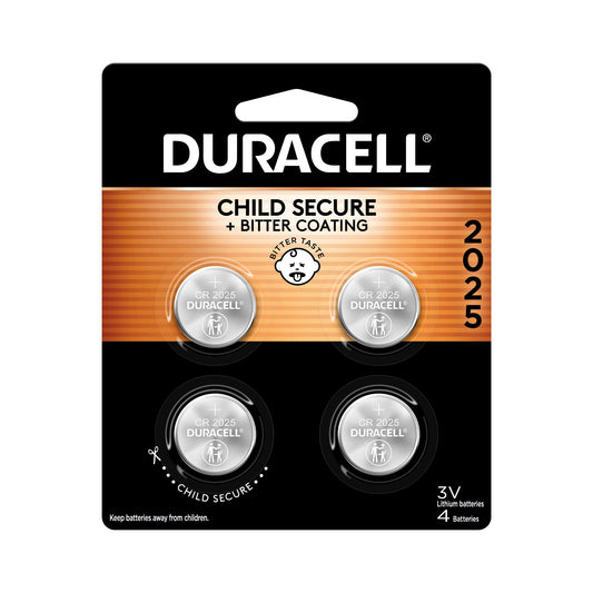 Duracell 2025 Lithium Battery, 4 Count (Pack of 1) Child Safety Features, Lithium Coin Battery for Key Fob, Car Remote, and other devices, CR2025 3 Volt (3V) Cell