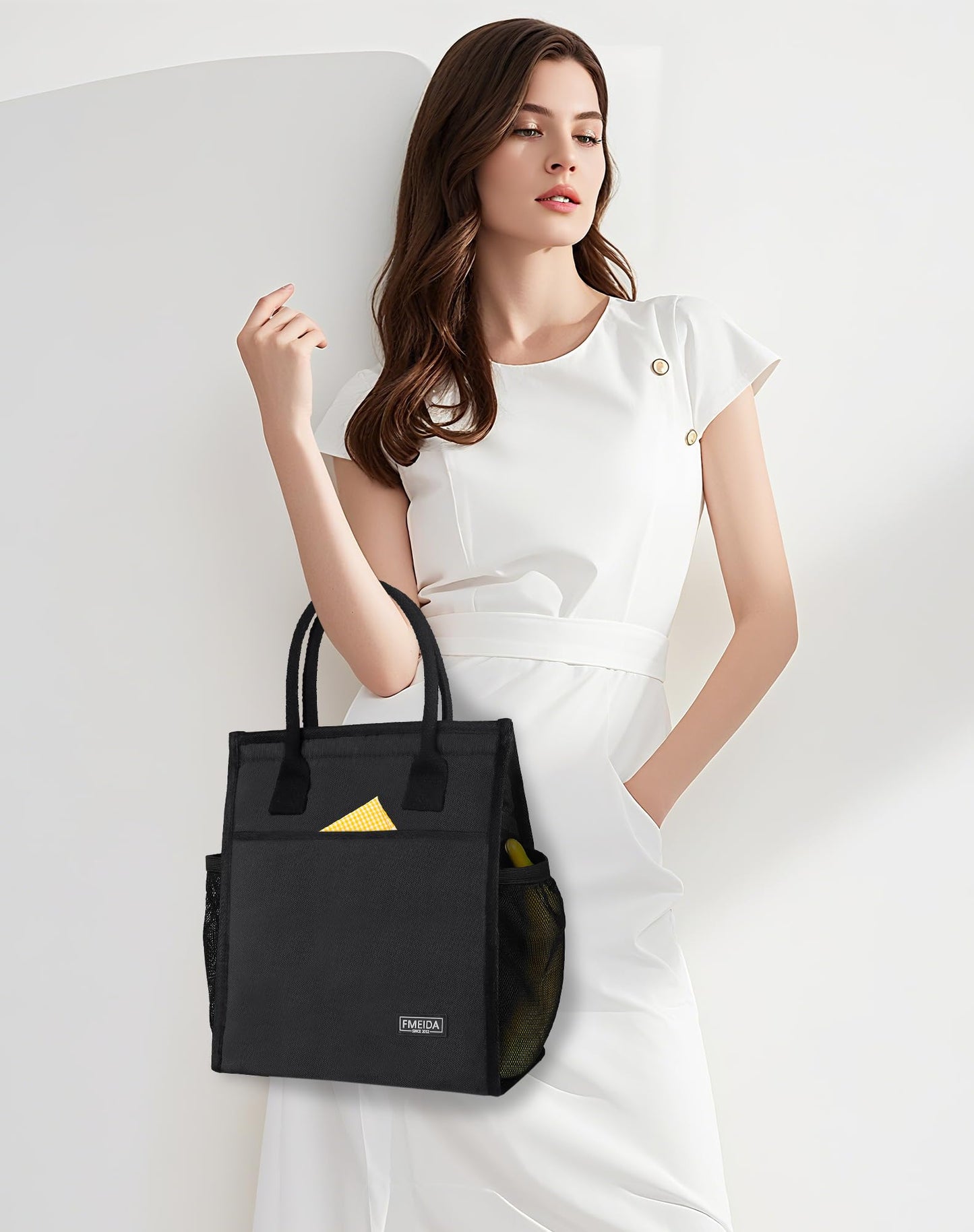 Fmeida Insulated Lunch Bag Women Men, 9L Large Lunch Bags with Multiple Pockets, Reusable Thermal Cooler Tote for Work, Office, Picnic, Travel | Hook and Loop Closure, Black