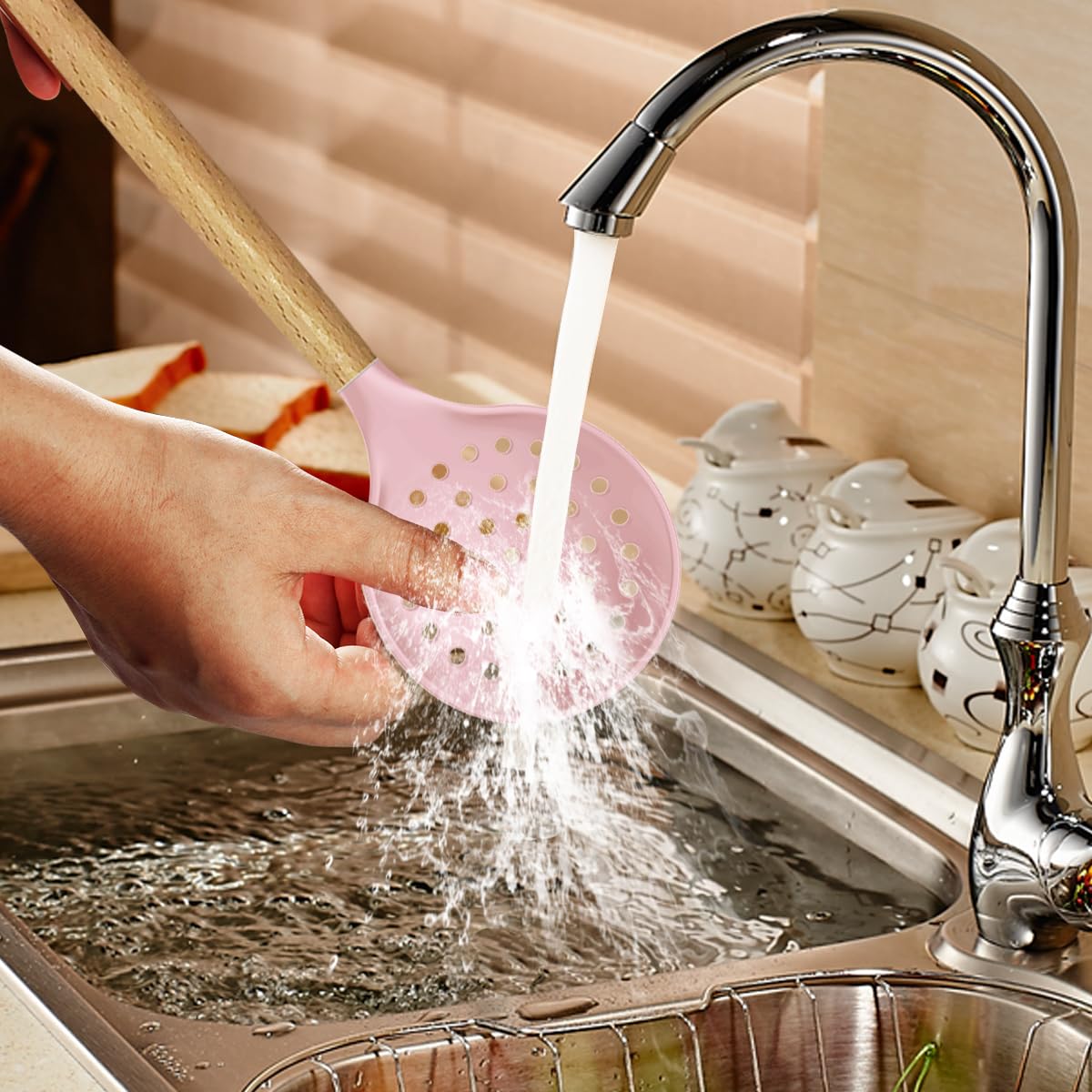 Silicone Kitchen Utensils Set - 446°F Heat Resistant Cooking Utensil Sets, Spatula,Turner,Tongs,Spoon,Brush,Whisk, Wooden Handle Silicone Kitchen Gadgets Tools for Non-Stick Cookware BPA Free (Pink)