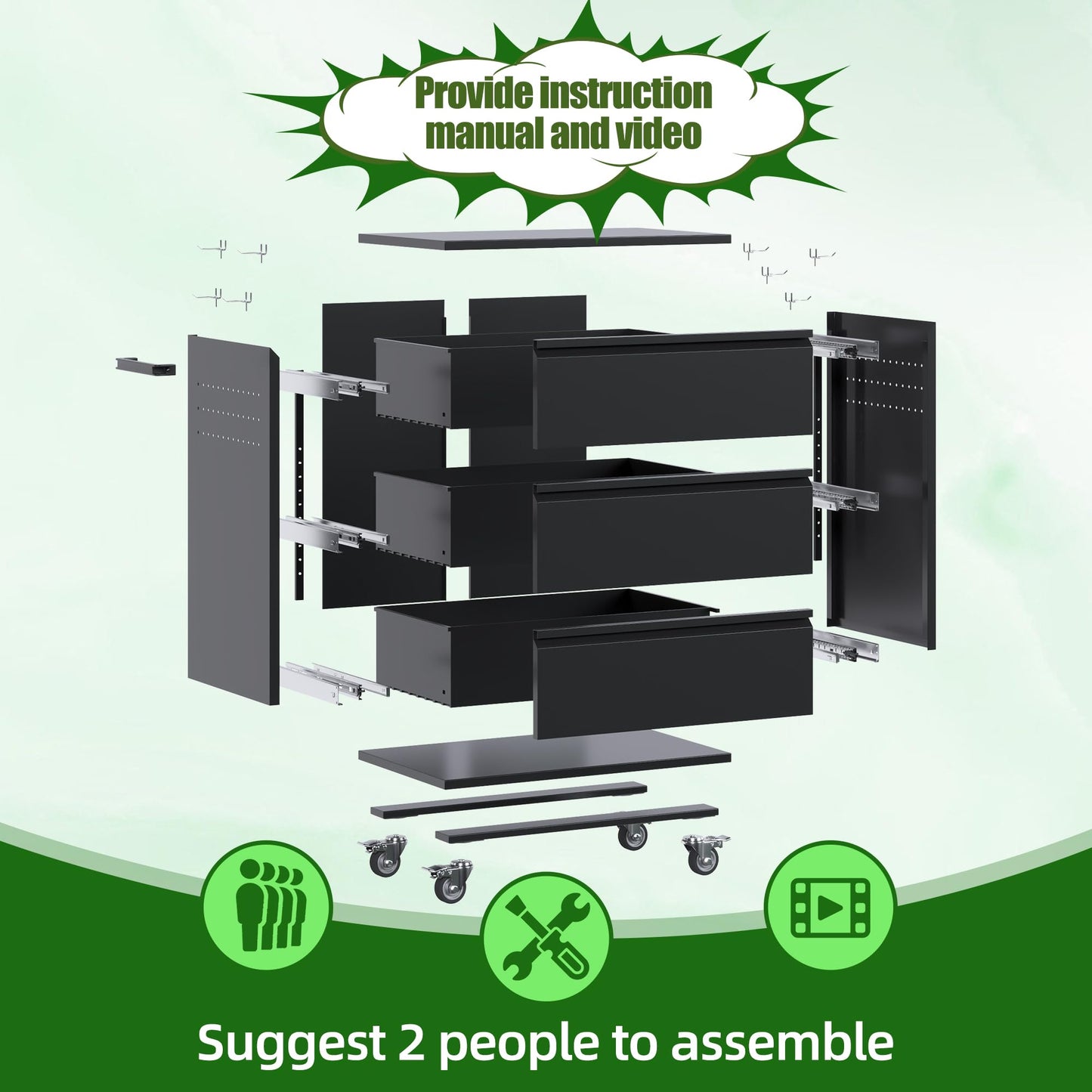 SUXXAN Metal Storage Cabinet with 3 Drawer and 4 Hooks,35.4" H Top Workbench Mobile Tool Chests Garage Cabinets with 4 Wheels,Tool Cabinets for Home,Office,Shop