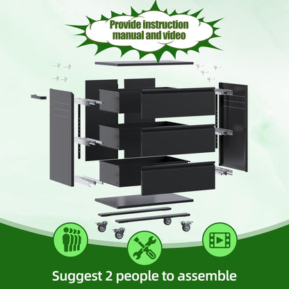 SUXXAN Metal Storage Cabinet with 3 Drawer and 4 Hooks,35.4" H Top Workbench Mobile Tool Chests Garage Cabinets with 4 Wheels,Tool Cabinets for Home,Office,Shop
