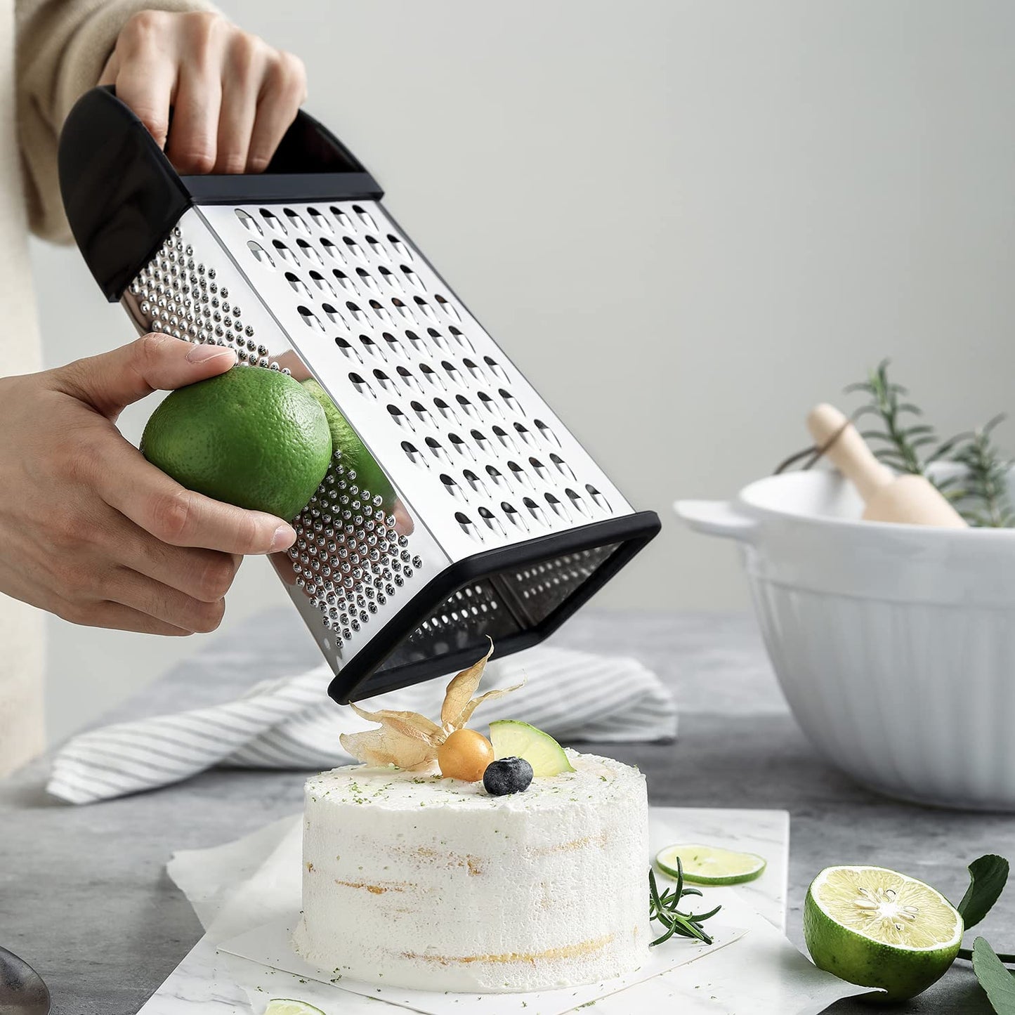 Spring Chef Professional 10" Parmesan Cheese Grater With Container, Stainless Steel & Soft Grip Handle, 4 Sided Kitchen Cheese Shredder, Handheld Box Grater for Vegetables, Potato, Carrot - Black