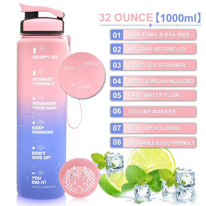 ZORRI 32 OZ Water Bottles, BPA Free Leak Proof Motivational Times Tracking Sports Bottle, Reusable Tritan Plastic Water Jug for Sports & Outdoors, Gym, Yoga, Workout, School, Office
