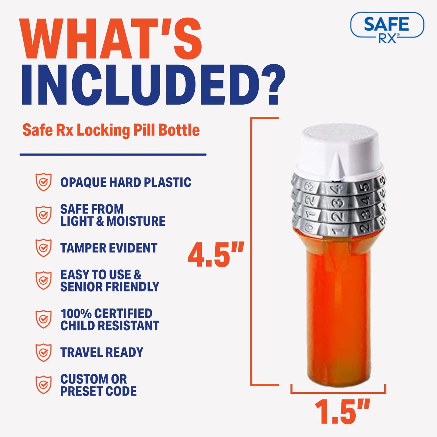 Safe Rx | Locking Pill Bottle | Pill Container Combination Lock | Tamper Evident | Child Resistant | Senior Friendly Easy Open Cap | Prescription Medication | Travel Pill Bottle | Medicine Organizer