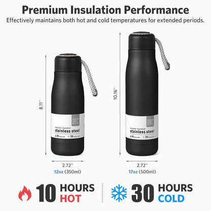 Water Bottles with Portable Lid，Hydro Insulated Thermal Flask for Hot or Cold Drinks 350ml Stainless Steel Metal Reusable Water Bottle for Kids, Adults, Midnight Black