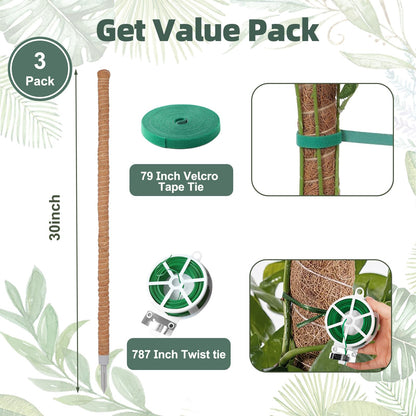 3 Pack Moss Pole, 30 Inch Monstera Plant Support， Moss Poles for Climbing Plants Indoor DIY, Coco Coir Plant Pole Moss Plant Stick Support Stake Kit for Potted Plants, Pothos, Philodendron