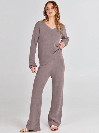 ANRABESS Women 2 Piece Outfits Sweater Lounge Sets Long Sleeve Cable Knit Pullover and Wide Leg Pants Tracksuit Matching Set Medium