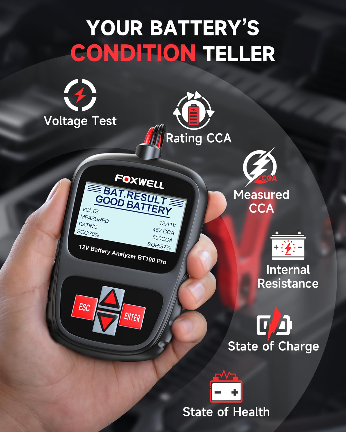 FOXWELL BT100 PRO 12V Car Battery Tester, 100-1100CCA Battery Load Tester, Automotive Digital Analyzer for Cars Trucks Motorcycles SUVs and Marine