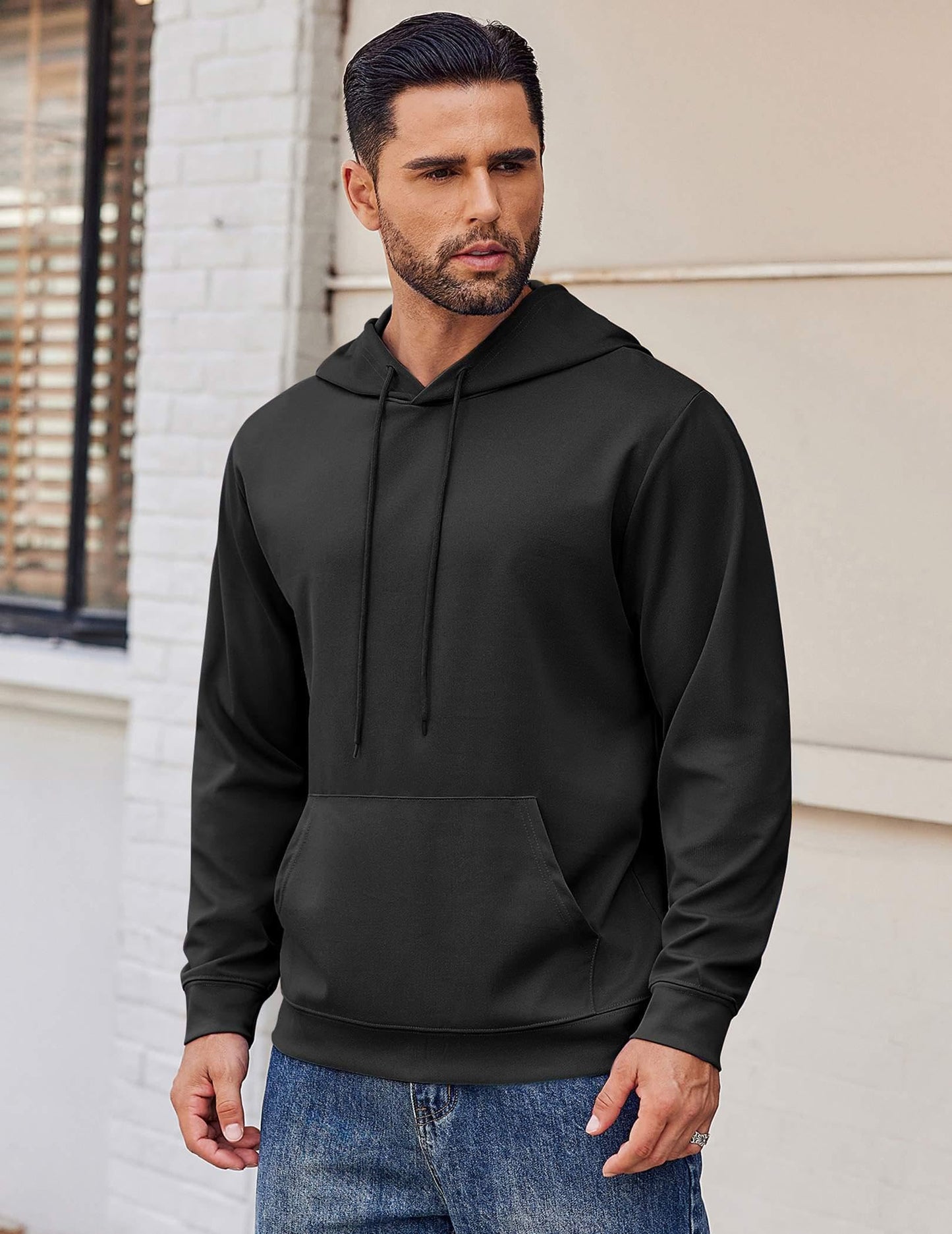 COOFANDY Men's Knit Hoodie Pullover Hipster Hip Hop Long Sleeve Drawstring Hooded Sweatshirts Long Sleeve Black