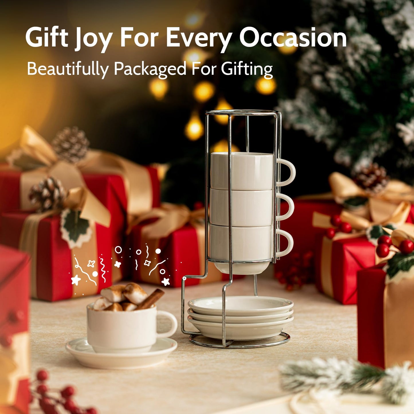 Sweese 8 Ounce Porcelain Stackable Cappuccino Cups with Saucers and Metal Stand - for Specialty Coffee Drinks, Cappuccino, Latte, Americano and Tea - Set of 4, White