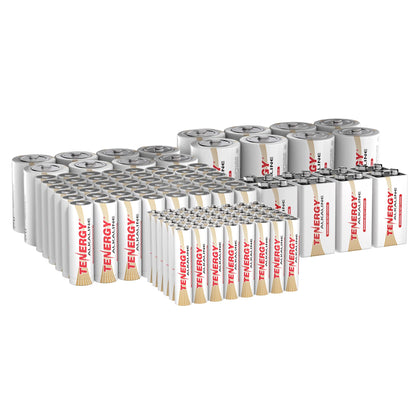 Tenergy 120 Pack Alkaline Batteries, 48 Pack AA Batteries, 48 Pack AAA Batteries, 8 Pack C Size Batteries, 8 Pack D Size Batteries, and 8 Pack 9V Size Batteries for Household Electronics