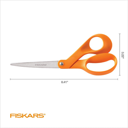 Fiskars 8" Original Orange-Handled Stainless Steel Scissors, Ergonomic and Keeps Material Flat, Sharp All-Purpose Paper and Fabric Scissors for Office, Arts, and Crafts