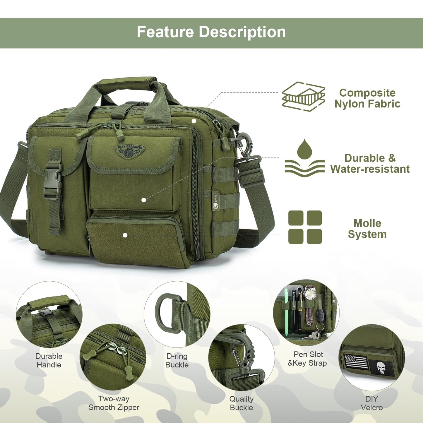 Stypos Tactical Messenger Bag, 14 Inch Tactical Briefcase for Man Military Laptop Bag Messenger Shoulder Bag Flight Bags for Pilots (Green)