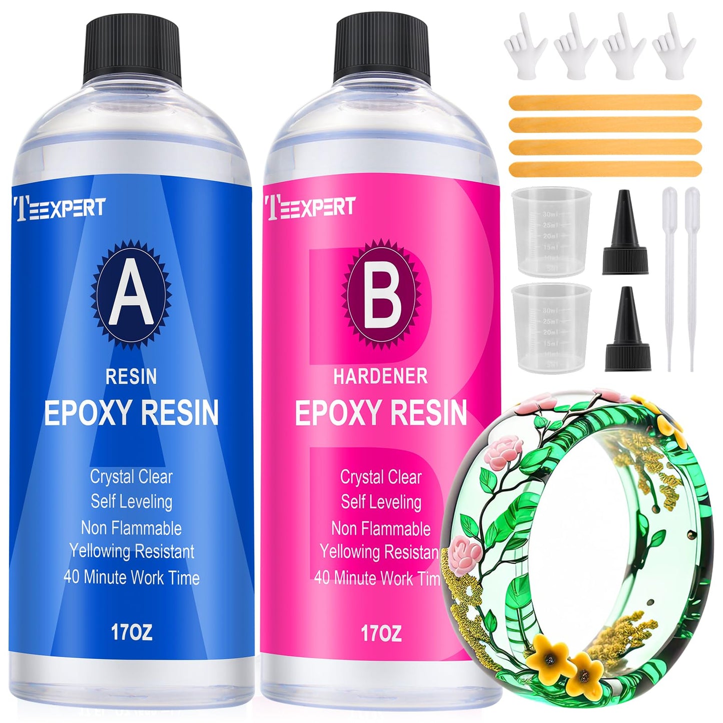 Teexpert Crystal Clear Epoxy Resin: 34oz Kit, Yellowing Resistant, Fast Curing for Casting, Coating, Art, DIY, Craft, Jewelry, Wood, Table - 2 Part(17oz Resin and 17oz Hardener)
