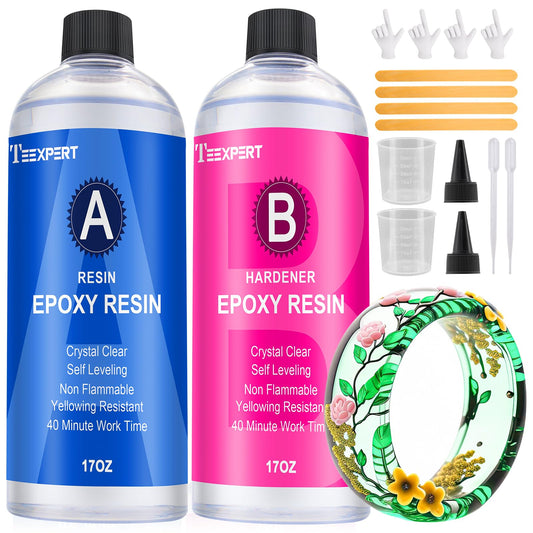 Teexpert Crystal Clear Epoxy Resin: 34oz Kit, Yellowing Resistant, Fast Curing for Casting, Coating, Art, DIY, Craft, Jewelry, Wood, Table - 2 Part(17oz Resin and 17oz Hardener)