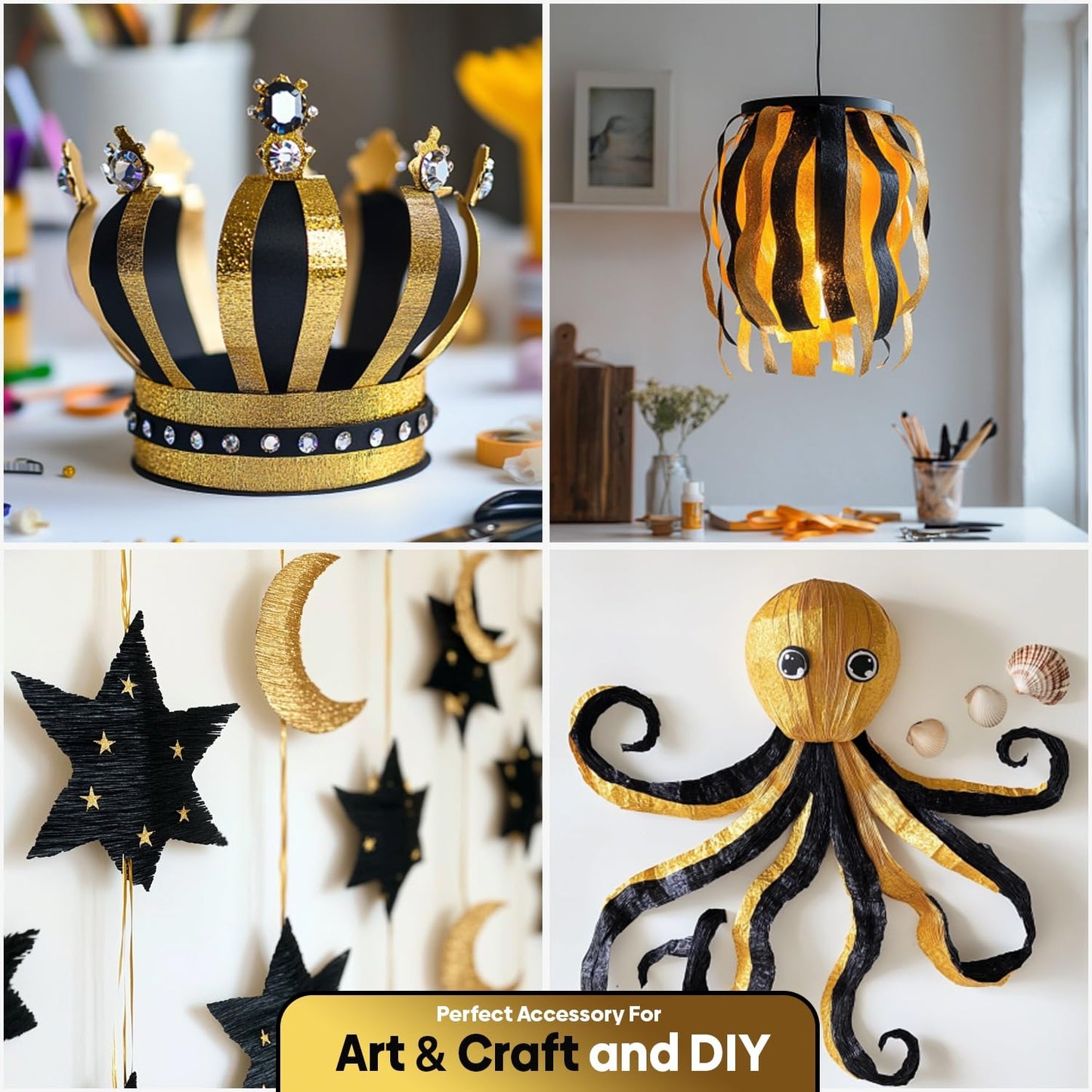 Captain Décor 4 Crepe Paper Streamers Rolls, 328ft Pack of 4 Gold and Black Streamers for Party Decorations, Birthday Streamers, Party Streamers for Wedding Decoration (1.8 inch x 82 ft/Roll)…