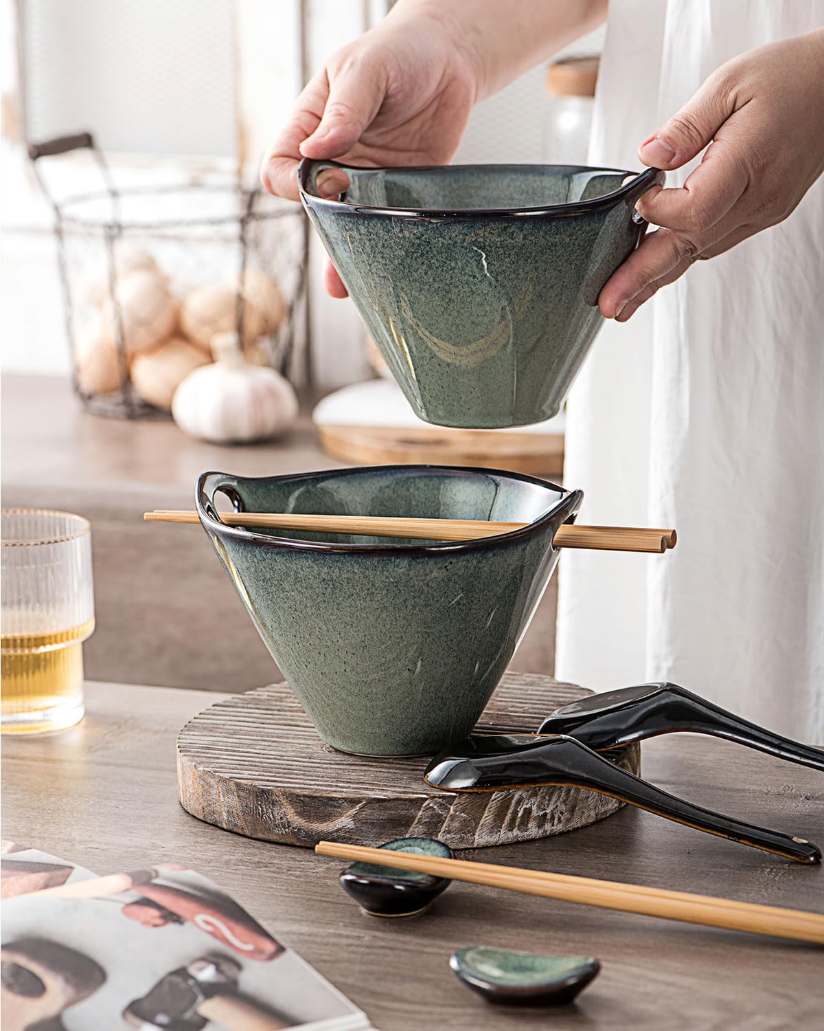 UNICASA Japanese Ramen Bowl Set with Chopsticks, Spoons and Rests, 20oz Deep Porcelain Noodle Bowl Set of 2 for Udon, Pho, Salad, Soup (Reactive Green)