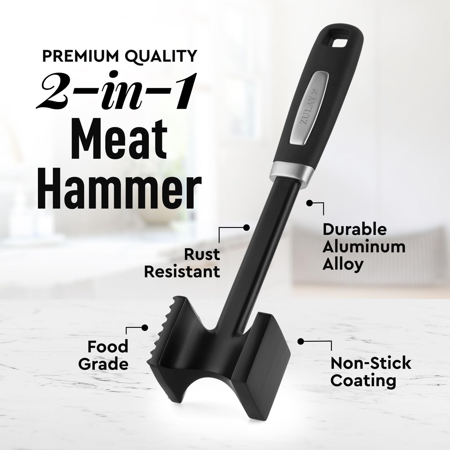 Zulay 10" Meat Tenderizer Hammer – Heavy-Duty Dual-Sided Mallet with Non-Slip Grip – Metal Meat Pounder for Tenderizing Beef, Chicken, Pork & More – Kitchen Tool for Cooking & BBQ - Black