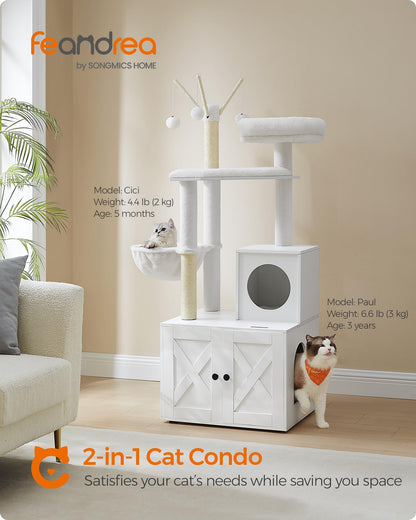 Feandrea Cat Tree with Litter Box Enclosure, 2-in-1 Modern Cat Tower, 55.1-Inch Cat Condo with Scratching Posts, Removable Pompom Sticks, Cloud White UPCT113W01