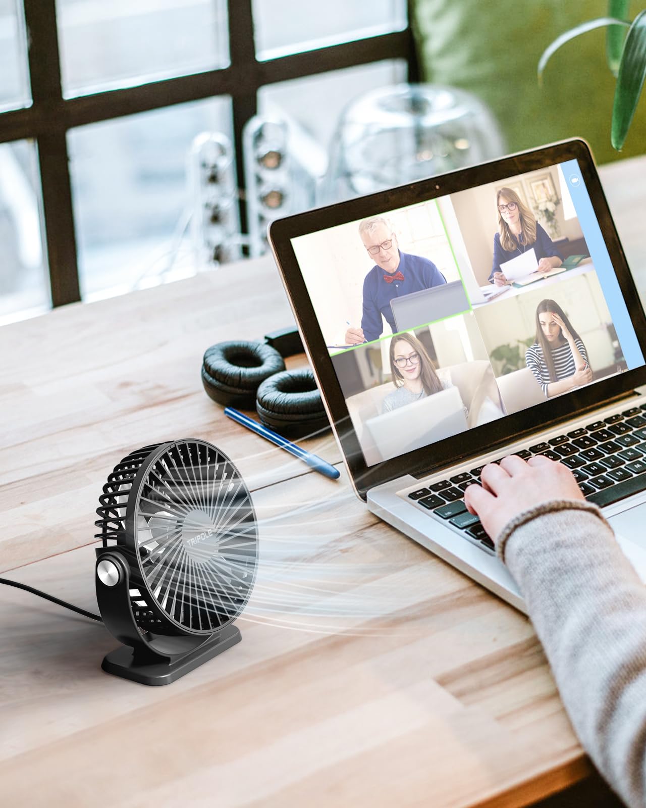 TriPole Small Desk Fan USB Powered Portable Fan 3 Speeds Strong Airflow Mini Fan 360°Rotation Personal Table Fans for Home Office Bedroom Desktop, 5.1 Inch Black, 4.9ft Cable