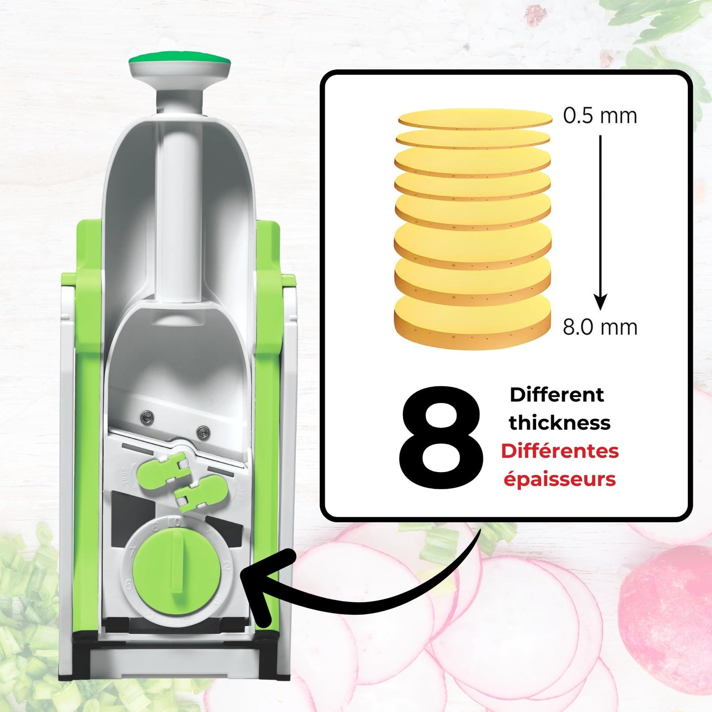 Starfrit Pump'n'Slice - Vertical Mandoline, Food Chopper, Slicer - Precision Adjustable Slicing, Julienne, Dicing - Safe Enclosed Blades, Fold for Storage - High Efficiency Spring Pump - Cleaning Tool