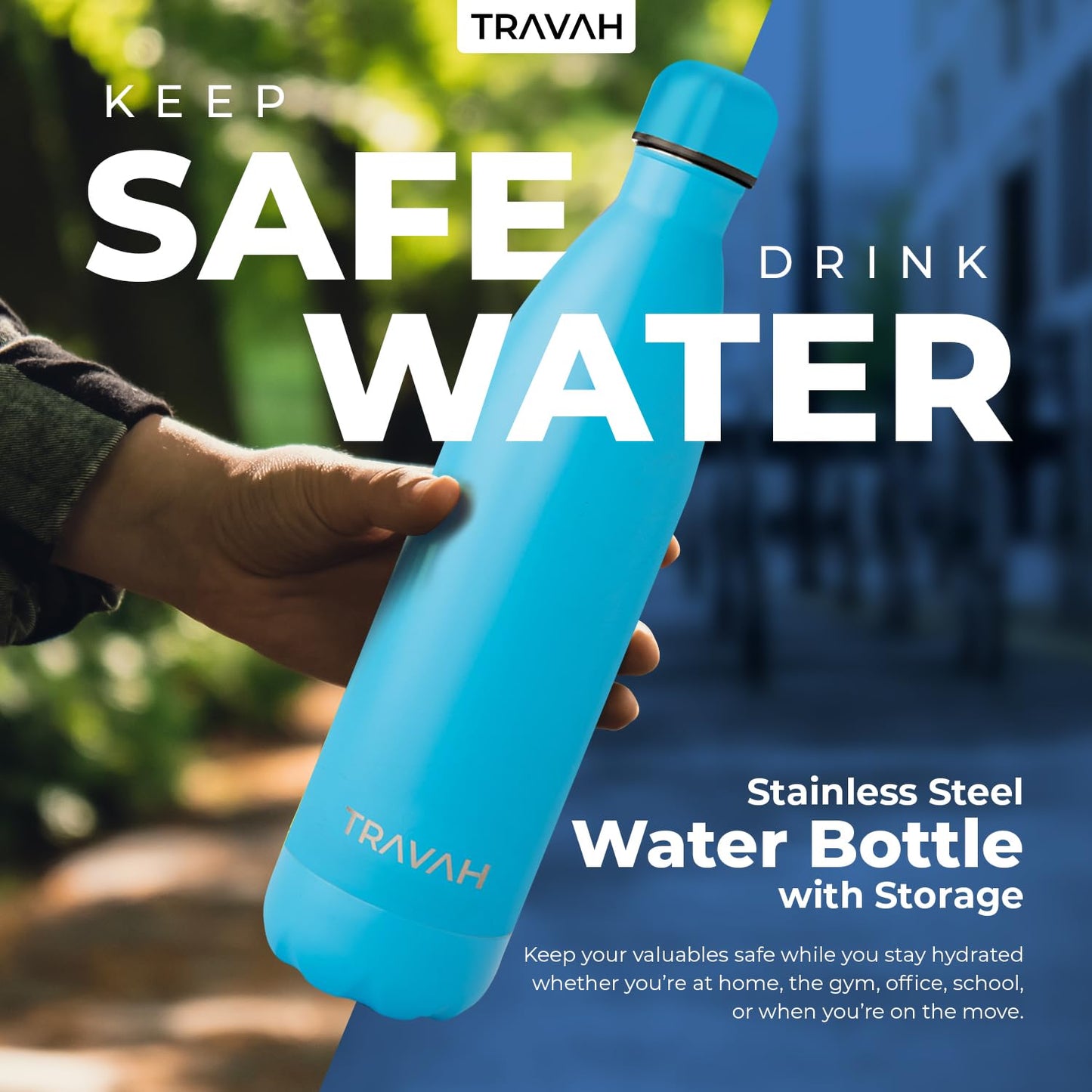 Travah Stainless Steel Diversion Water Bottle with Hidden Storage for Valuables - Insulated, Leakproof and BPA Free - 17oz (Light Blue)