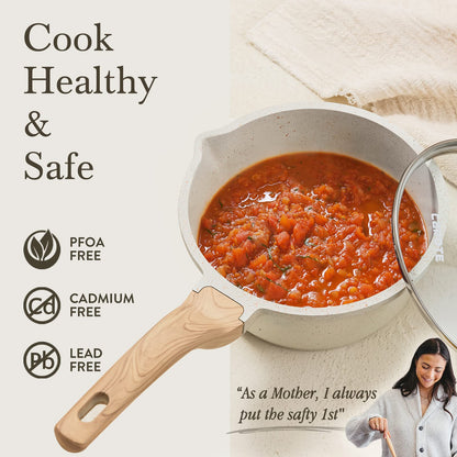 CAROTE 1.5Qt & 3.0Qt Sauce Pan Set with Lid Nonstick Saucepan 4 Pcs Non Stick Sauce Pots Cooking Pot with Pour Spout, Easy to Clean, Small Kitchen Pots Induction Pot, PFOA FREE (White Granite)