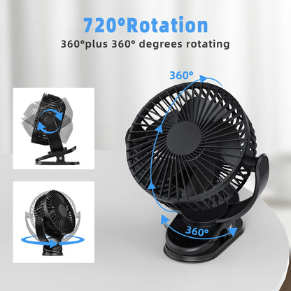 ATEngeus Rechargeable Clip-on USB Desk Fan, 3 Speeds, 5000mAh Battery, 720Rotation, Sturdy Clamp for Home, Camping, Treadmill and Car