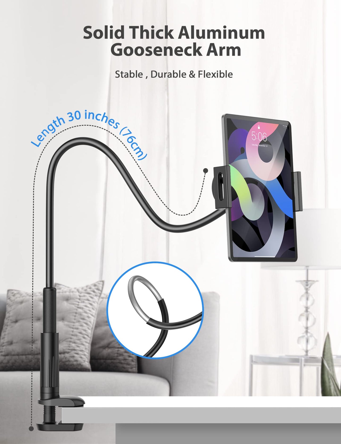 Tablet Stand Holder for Bed, Gooseneck Mount with Adjustable Flexible Arm Compatible with iPad Air Pro Mini, Samsung Tab, Nintendo Switch Kindle Other 4.7"-12.9" Device