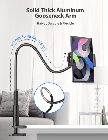 Tablet Stand Holder for Bed, Gooseneck Mount with Adjustable Flexible Arm Compatible with iPad Air Pro Mini, Samsung Tab, Nintendo Switch Kindle Other 4.7"-12.9" Device