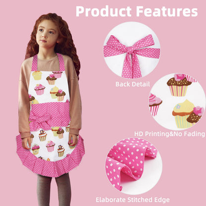 Claswcalor 100% Cotton Kids Girls Aprons for Cooking Cute Toddler Cupcake Baking Apron Adjustable Kitchen Pink Apron for Children Daughters Little Girls Granddaughter Gifts from Grandma