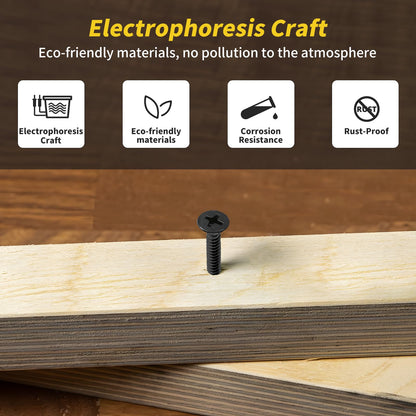 Wood Screws 1/2 Inch, FIXLINK Premium Flat Head Phillips Black Wood Screws 135 PCS, Self Tapping Electrophoresis Used in Indoor Furniture, Woodworking (#6 x 1/2")