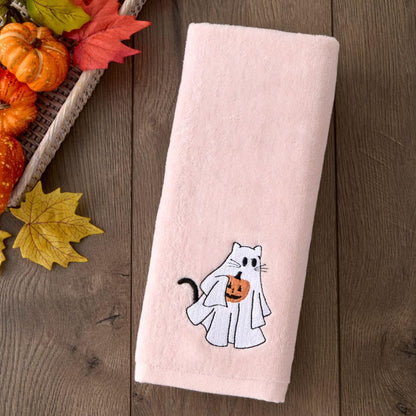 SKL Home Halloween Ghost Cat 100% Cotton Embroidered 2pc Hand Towel Set, Decorative for Bath/Kitchen/Bar & Gift, Pink